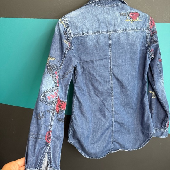 Desigual Blue Denim Shirt with Red Embroidery - Picture 7 of 10
